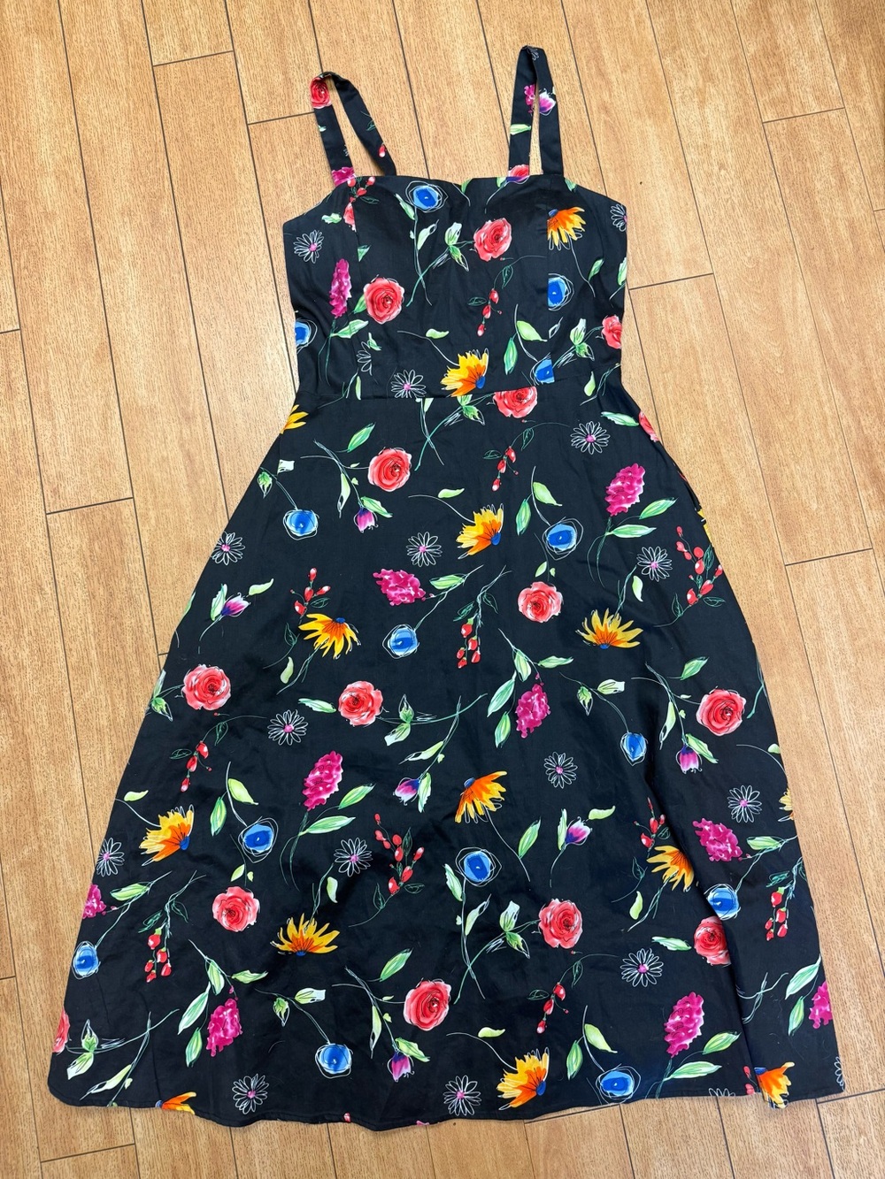 Coldwater Creek Black Floral Midi Dress with Red,  Blue, Yellow & Green Accents
